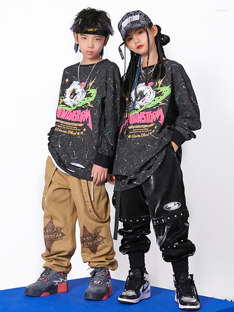 

Stage Wear Kids Hip Hop Dance Costume Black Tie-dyed Sweater Boys Cool Hip-Hop Pants Girls Street Performance Clothing Kpop BL9429, Khaki pants
