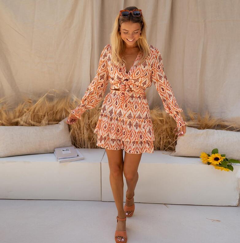 

Women's Set 2023 2023 Autumn New Print Lace up Long Sleeve Shirt Half Skirt Sweet Women's Two Piece Dress