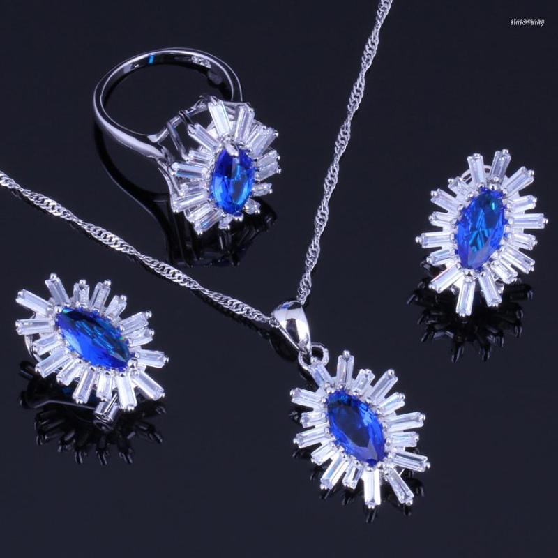 

Necklace Earrings Set Super Blue Cubic Zirconia White CZ Silver Plated Pendant Chain Ring V0242, Picture shown