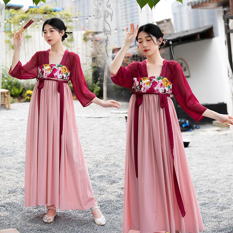 

Casual Dresses Chinese Style Modified Hanfu Floral Printed For Women 2023 Summer Female 3/4 Sleeve Lace-up Elegant Loose Long Dress, Red
