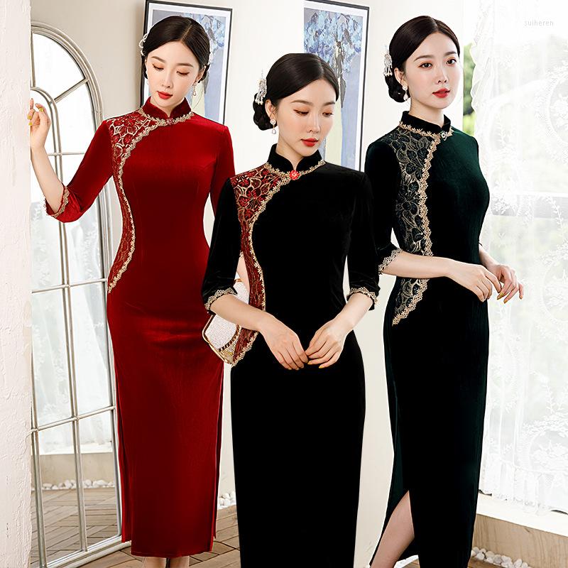 

Ethnic Clothing Qipao Dress Modern Slim Chinese Traditional Lace Cheongsam Vintage Split Velvet Dresses For Women Wedding Party 5XL