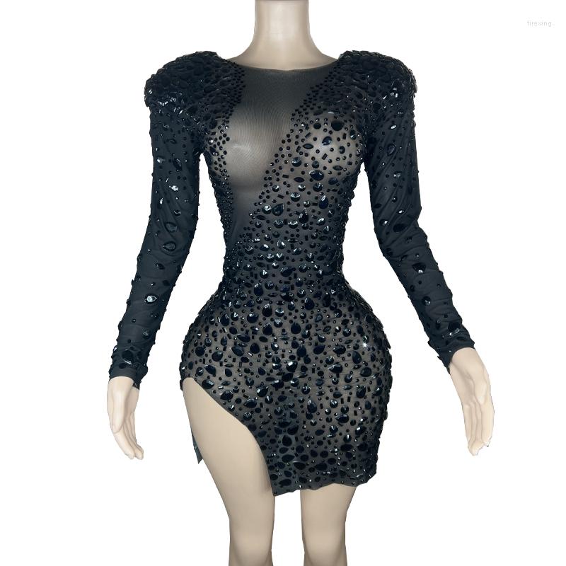 

Stage Wear Women Sexy Evening Celebrate Black Colorful Rhinstones Dress Birthday Singer Dancer Performance Transparent Mesh, Dress 2