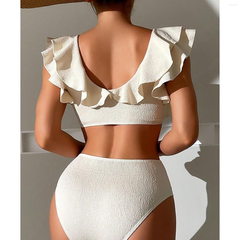 

Women's Swimwear Women Swimsuit Flounce Edge Bikini Set Solid Color Ruffle Two-piece Chic Breathable High Waist Sexy, White