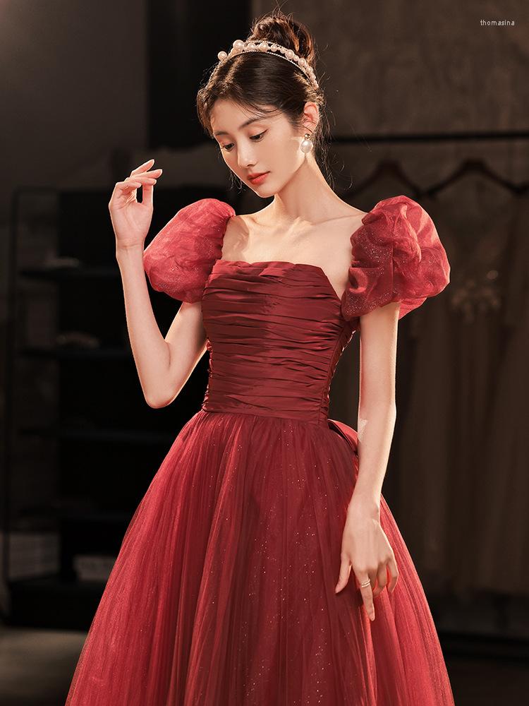 

Ethnic Clothing Sexy Burgundy Backless Long A-line Tulle Prom Dresses 2023 Prinecess French Short Sleeve Party Gown Toast Vestido