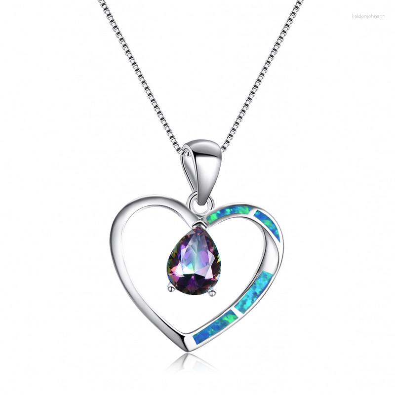 

Pendant Necklaces Rainbow Zircon Water Drop Stone Necklace Cute Heart Hollow Vintage Black Silver Color Chain For Women