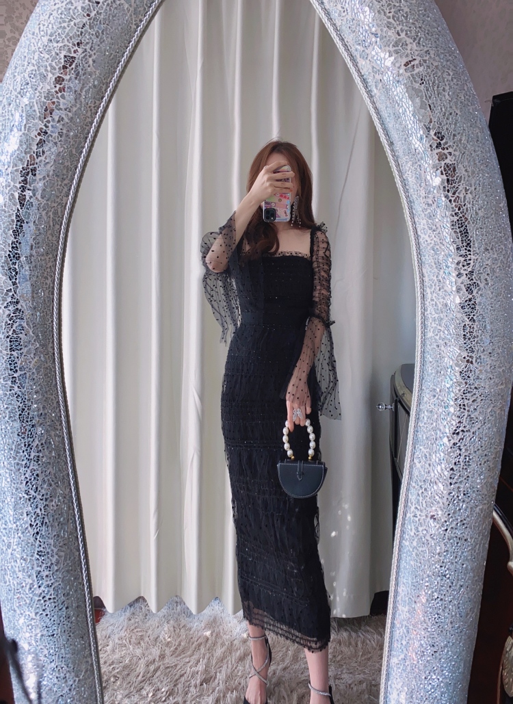 

Auth Self Portrait Polka Dot Sexy Square Neck Angel Sleeve Slim Fit Dress with 100 Pleats Long Dress, Black