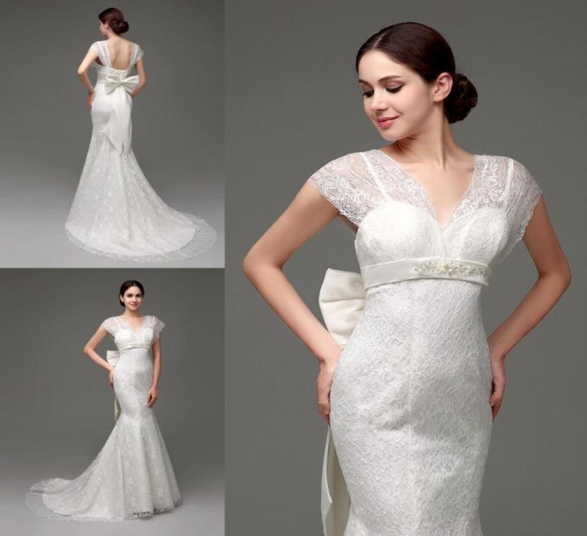 

2015 Mermaid Lace Wedding Dresses In Stock Cap Sleeves Backless Bridal Gowns with Detachable Big Bow VNeck Designer Wedding Dress1805588, White