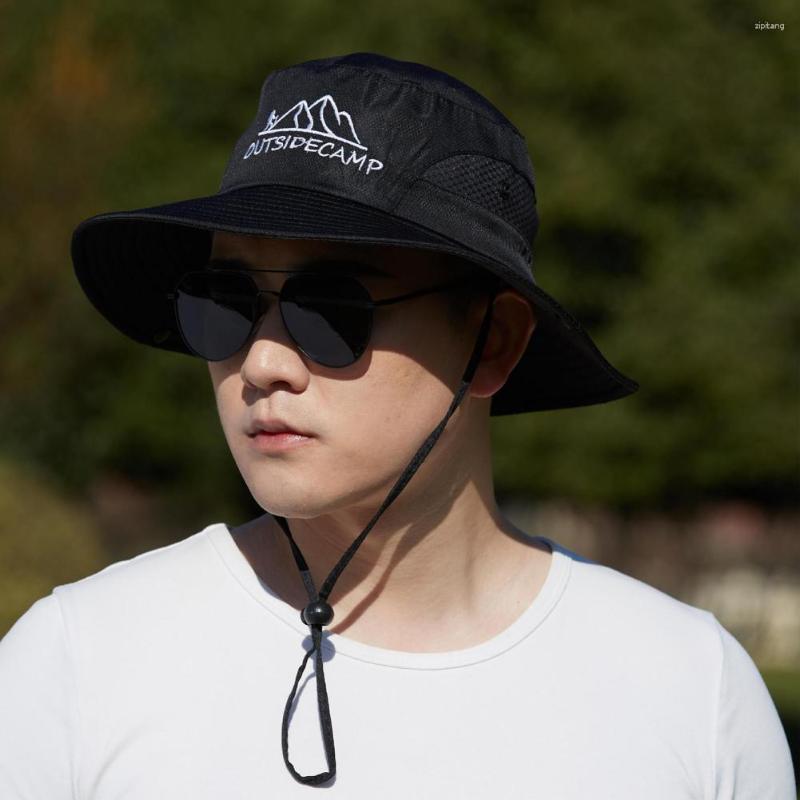 

Berets Fisherman Hat Embroidery Letter Print Sun Breathable Mesh Flat Dome Basin Windproof Button Drawstring Mountaineering, Blue