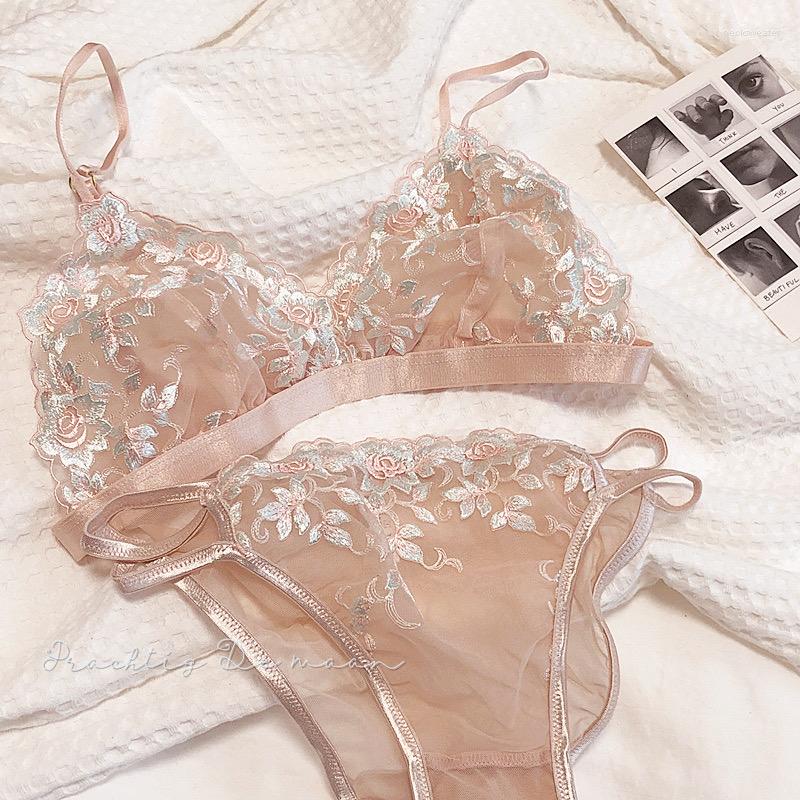 

Bras Sets Ultra-thin Sexy Bra French Embroidery Lace Dream Triangle Cup Wireless Small Chest Underwear Set See Through And Panty, Nude pink