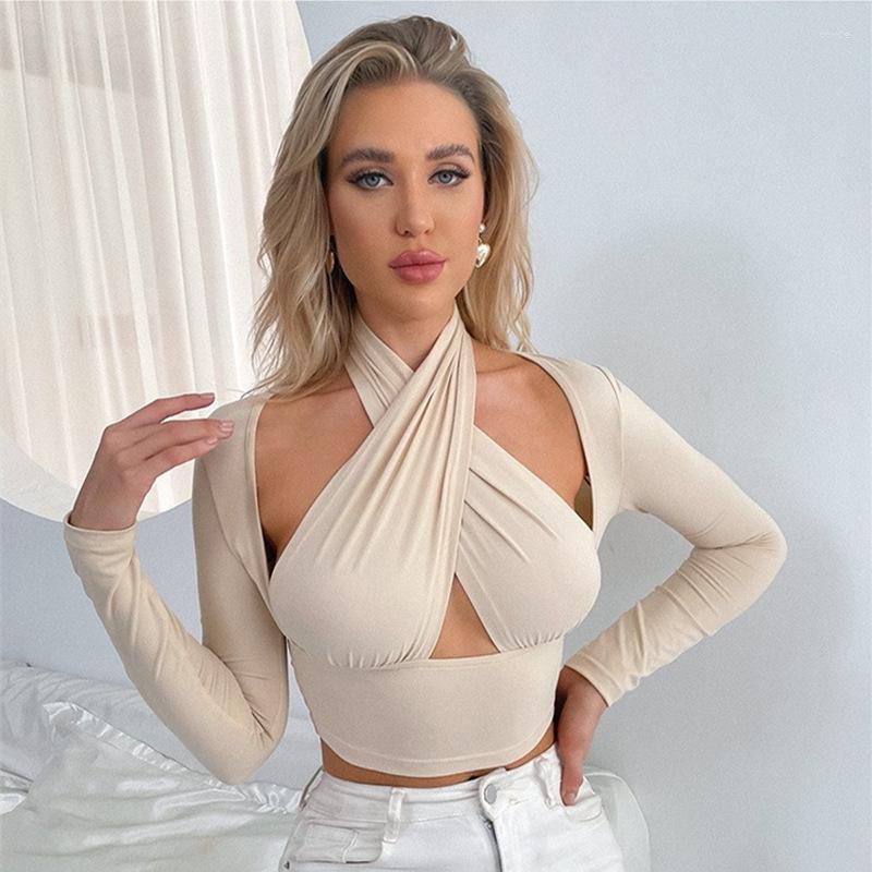 

Women's T Shirts Women Summer Tank Tops Sexy Solid Color Cross Halter Neck Push Up Hollow Crop High Street Wear 2023 Fashion
