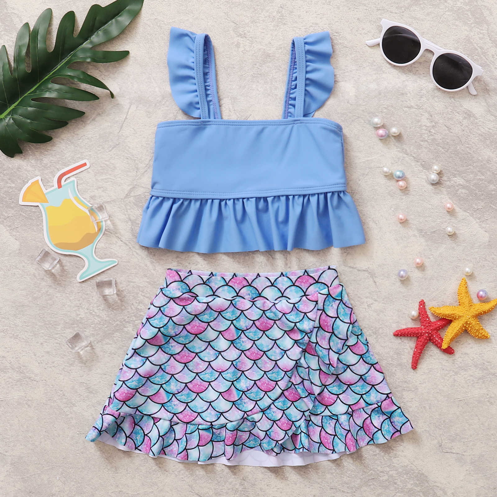 

T-shirts New Girls Cute Two Piece Split Swimsuit Fresh Solid Color Suspender Tops and Fish Scales Print Short Skirt x0628, Red