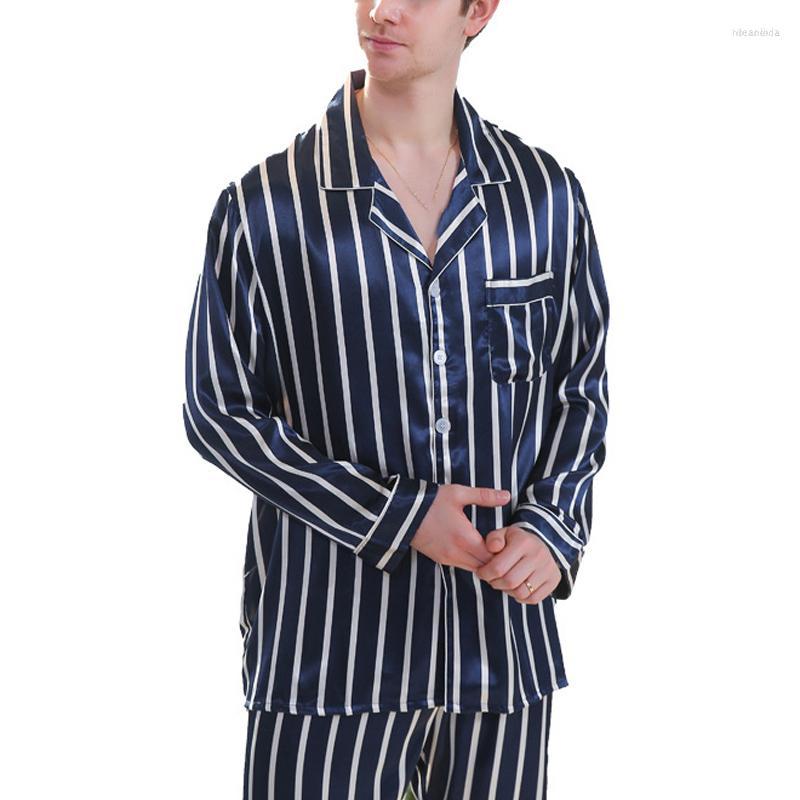 

Men's Sleepwear Men's Men Imitation Satin Silk Suit Male Smooth Pajamas Long Sleeve Tops Pants Man Stripe Lapel Pocket Nightwear, Blue