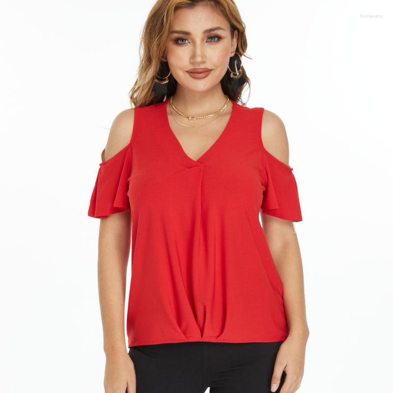 

Active Shirts Solid Color V-neck Off-the-shoulder Shirt Summer 2023 Chiffon T-shirt Top Flared Sleeves, Red