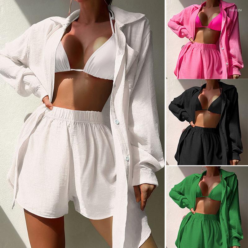 

Women's Tracksuits Holiday Shirt Suit Women Loose Beach Sun Protection Blouse And Shorts Two Piece Sets Female Bikini Cover-up Outfit, Green 2pcs