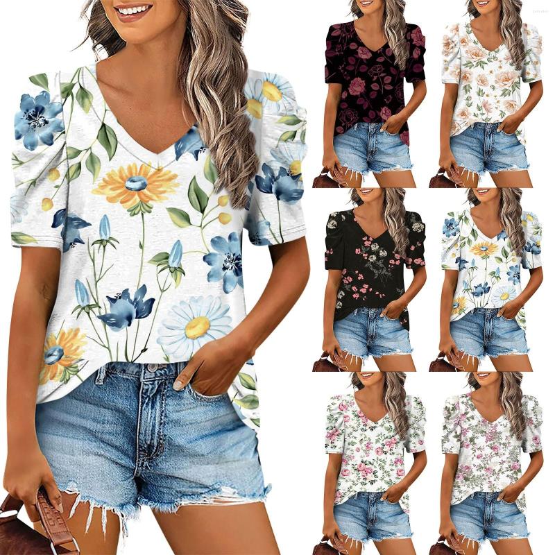 

Women' T Shirts Womens Summer Shirt V Neck Casual Tshirts Puff Sleeve Tops For Women Floral Print Breathable 2023 Camisetas, Blue