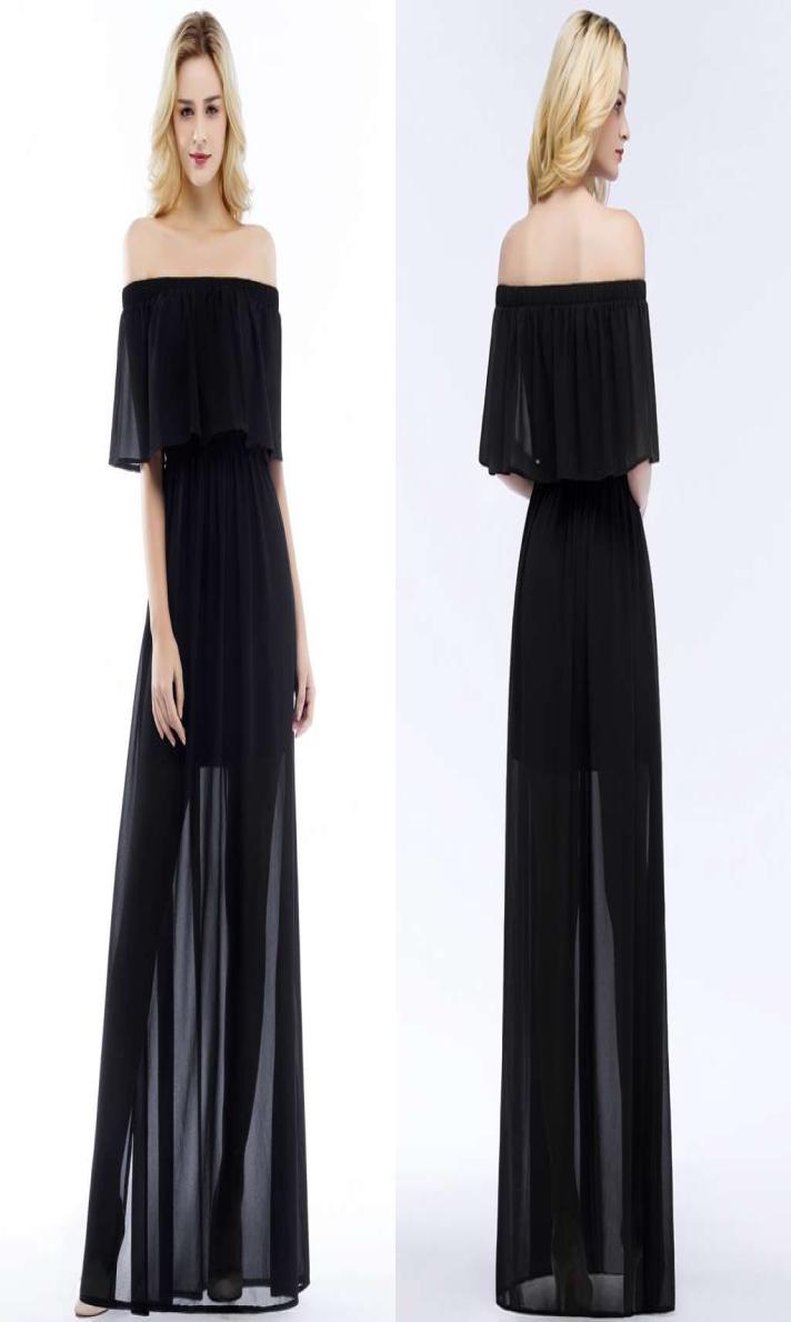 

New Arrival Elegant Off the Shoulder Black Chiffon Evening Dresses 2018 Summer Beach Side Split Women Wear Cheap Party Gowns CPS862943084
