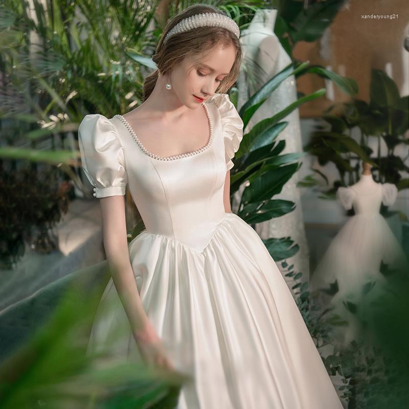 

Ethnic Clothing White Satin Beaded Square Collar Puff Sleeve Back Bandage Evening Dresses Women Formal Bride Party Gown Vestidos