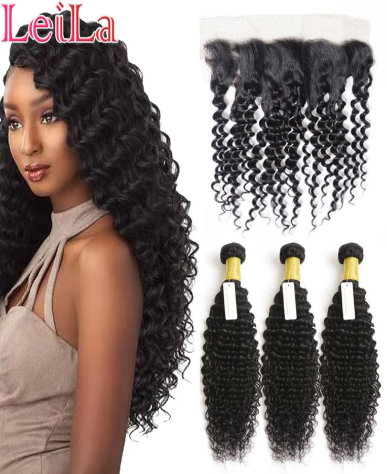 

Human Hair Extension Weft Brazilian Deep Wave Curly 3 Bundles With 13X4 Lace Frontal WaterHair Weaves Hair Bundles With Frontal 4 3150985, Black