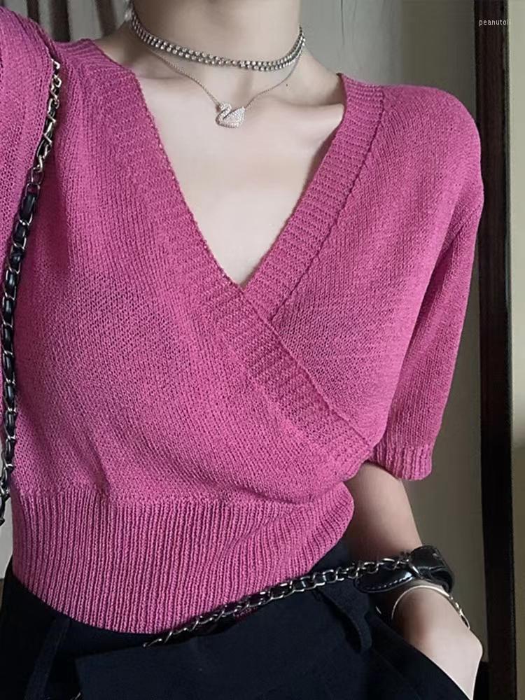 

Women's T Shirts Chikichi Korean Knitted V-neck Cross Waist Short Sleeve Top 2023 Summer Thin Pink For Women High Strecth, Orange