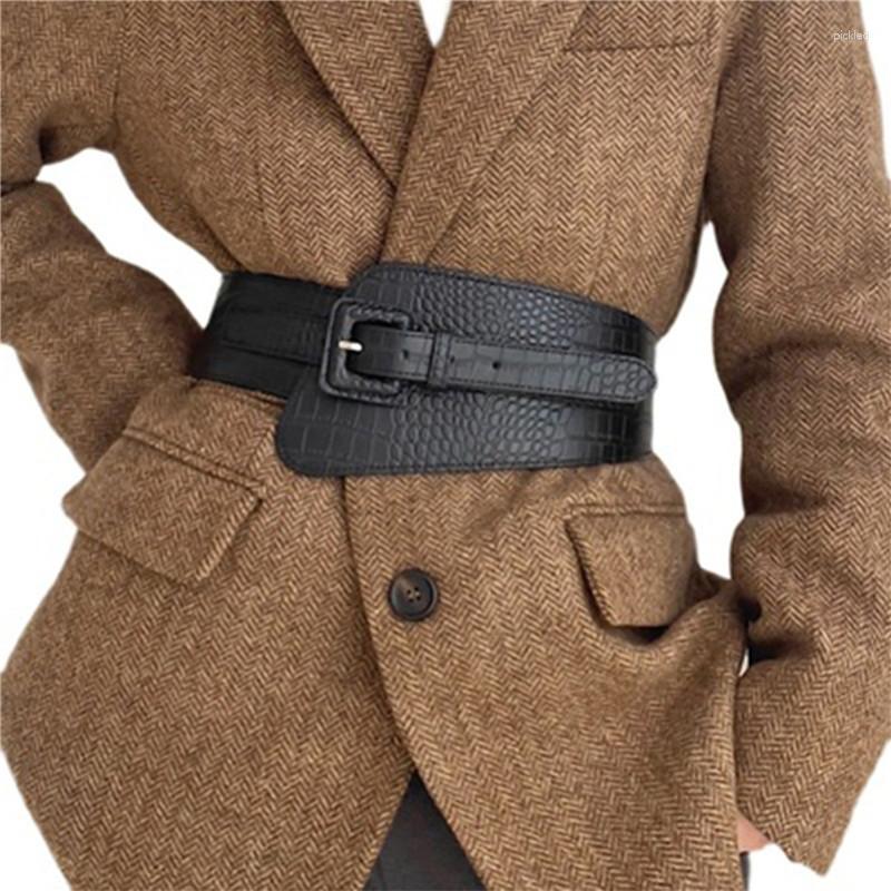 

Belts Ladies Belt Crocodile Pattern PU Leather Wide Coat Dress Corset Fashion Luxury Designer Brand For Women, Brown