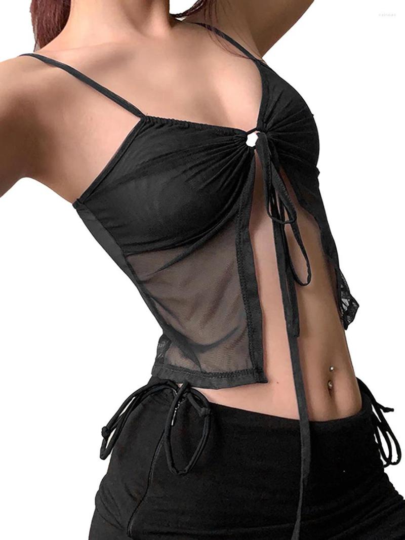 

Women' Tanks Sexy Sheer Mesh Camisole With Front Drawstring And Cropped Sleeveless Design - Perfect Summer Fashion Tank Top For Streetwear, Black