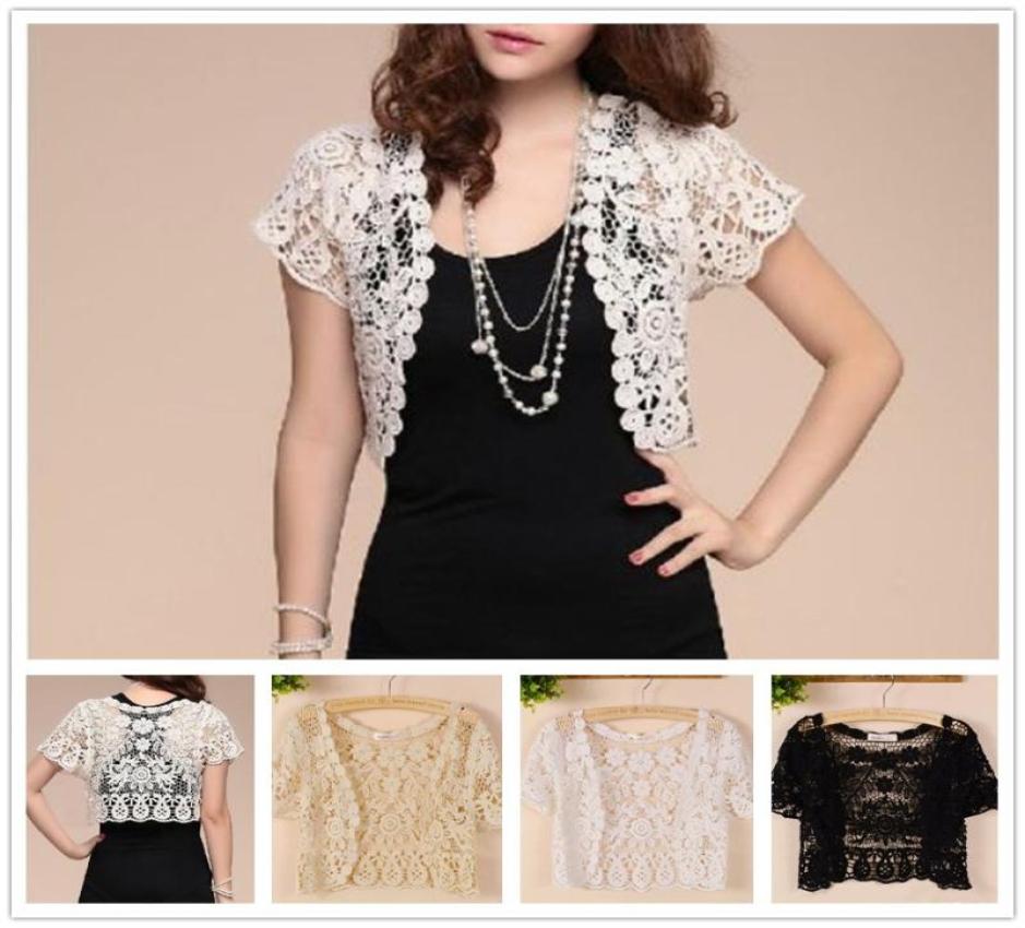

Wraps Jackets White Black Apricot Women Short Sleeve Shrug Bolero Lace Wedding Bridal Summer Jacket Elegant Cape6271287