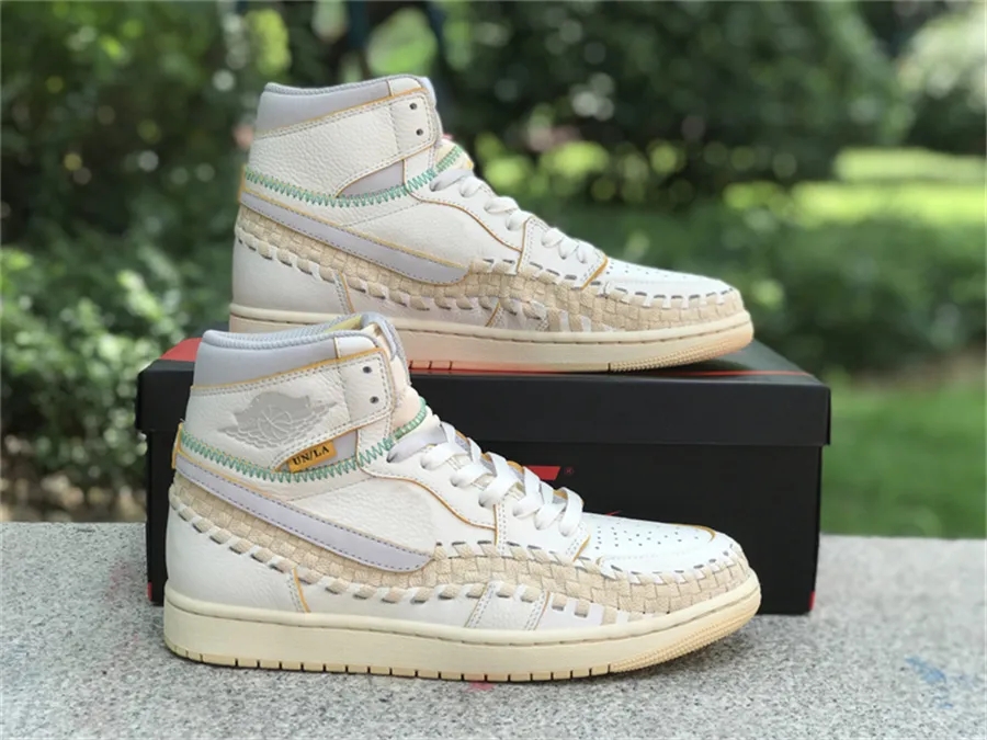 

1s High OG Woven Designer Men Shoes Union x 1 Sail/Wolf Grey-Muslin-Pale Vanilla-Kinetic Green-University Gold outdoor sports sneakers, 01