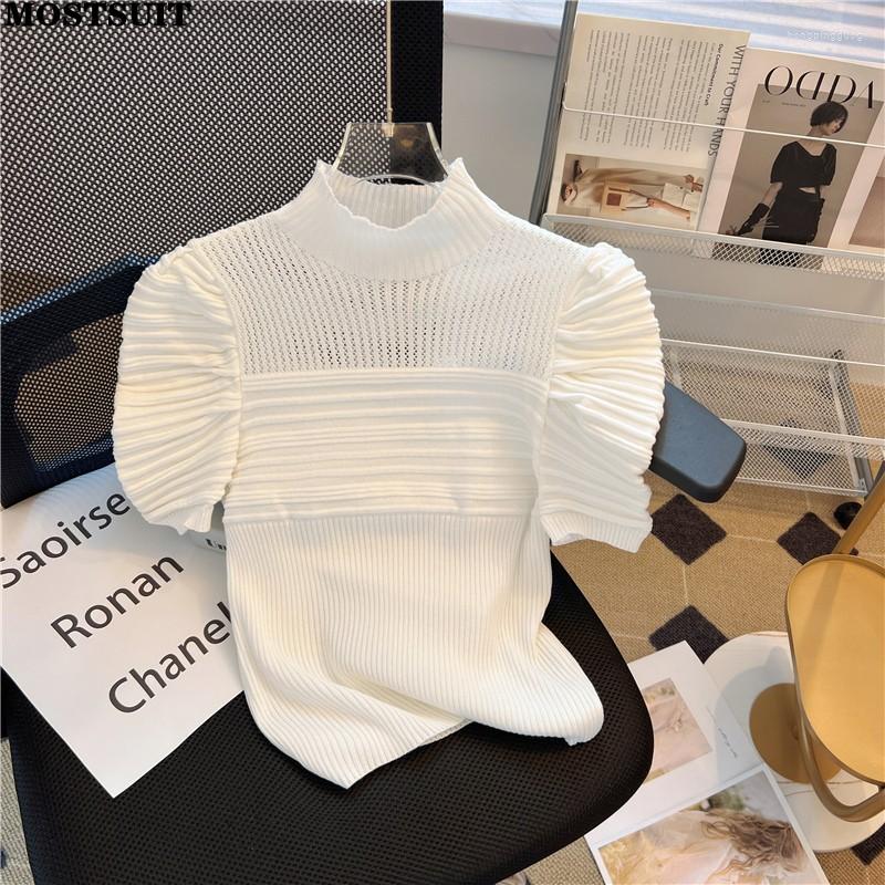 

Women's Sweaters 2023 Summer Puff Sleeve Knitted Sweater Tshirt Women Half High Collar Solid Slim Knitwear Tops Elegant Fashion Ladies, Purple