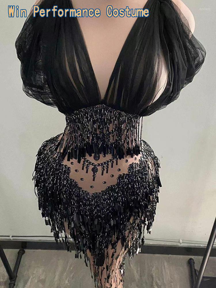 

Stage Wear Sexy V-neck Black Mesh Sequins Jumpsuit For Women Nightclub Costumes Outfit Bar Party Singer Backless Bandage