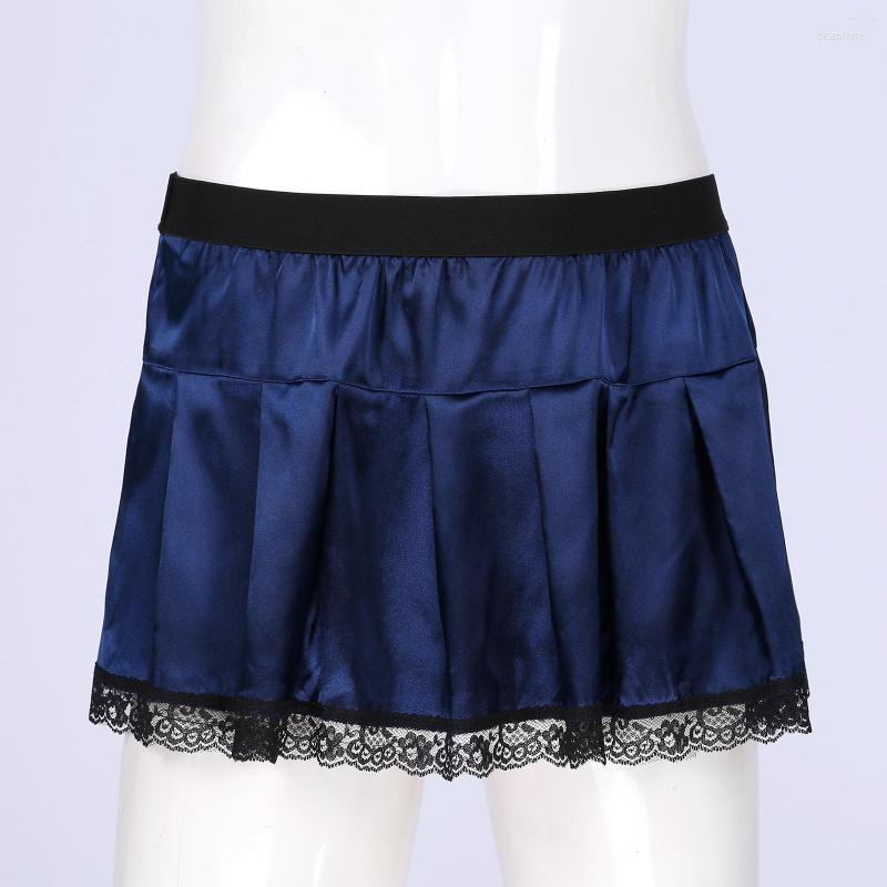 

Men's Sleepwear Men's Sissy Lace Trim Pleated Skirt Role Play Costumes For Men Solid Color Satin Miniskirt Nightwear Sleep Bottoms, Pink