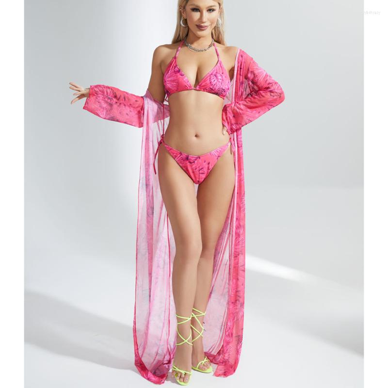 

Women' Swimwear Floral Print Three Pieces Swimsuit Bikini Cover Up Women 2023 Lace Brazilian Beach Bathing Suit Long Dress