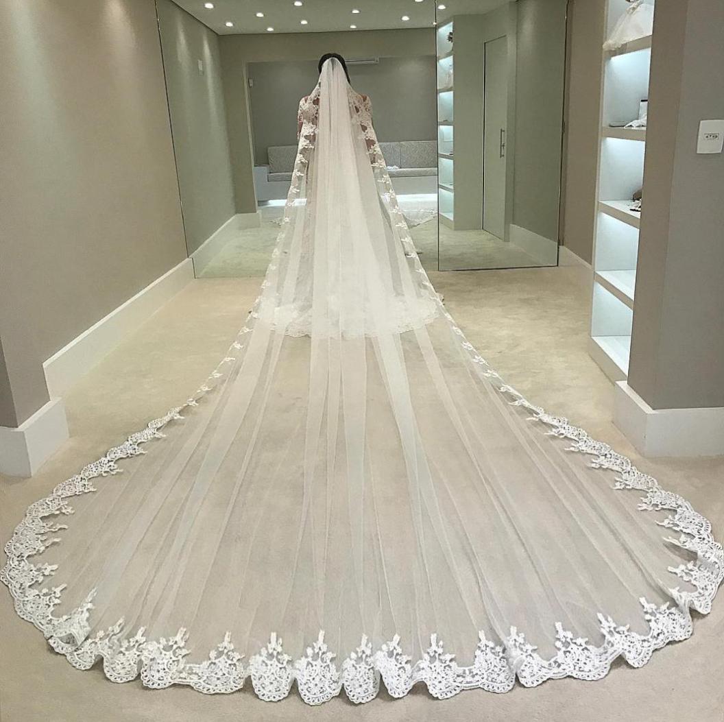 

4M Wedding Veils With Lace Applique Edge Long Cathedral Length Veils One Layer Tulle Custom Made Bridal Veil With Comb1109119, Ivory