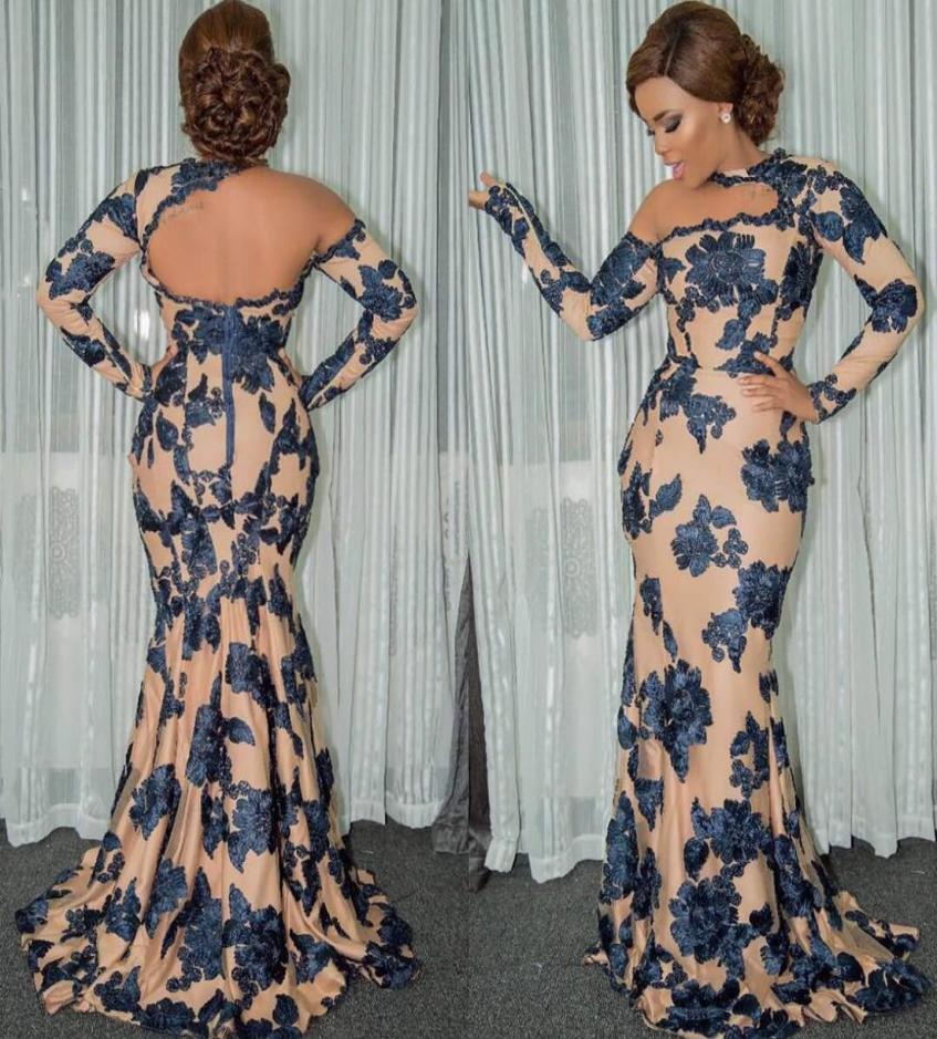 

Fashion Long Sleeves Mermaid Evening Dresses Halter Neck Beaded Prom Gowns Appliqued Plus Size Floor Length African Formal Dress4737769, Nude