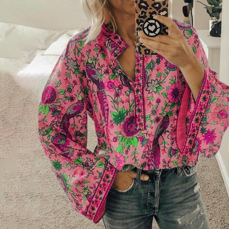 

Women's Blouses Boho Flower Womens Fashion Shirt V-neck Long Sleeve Peacock Print Tops Casual Loose Ladies Floral Blouse, Red