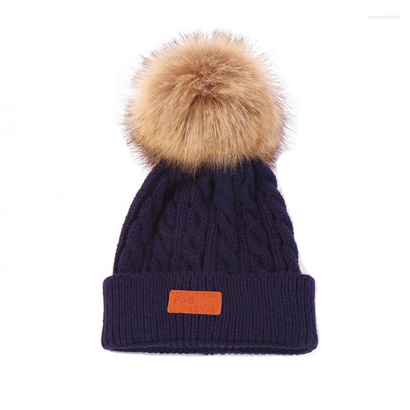 

Berets Winter Children's Hip Hop Stretch Knit Ski Hat Skullies Beanies Letter Sport Cycling Windproof Warm Hairball Flanging Cap W33, White