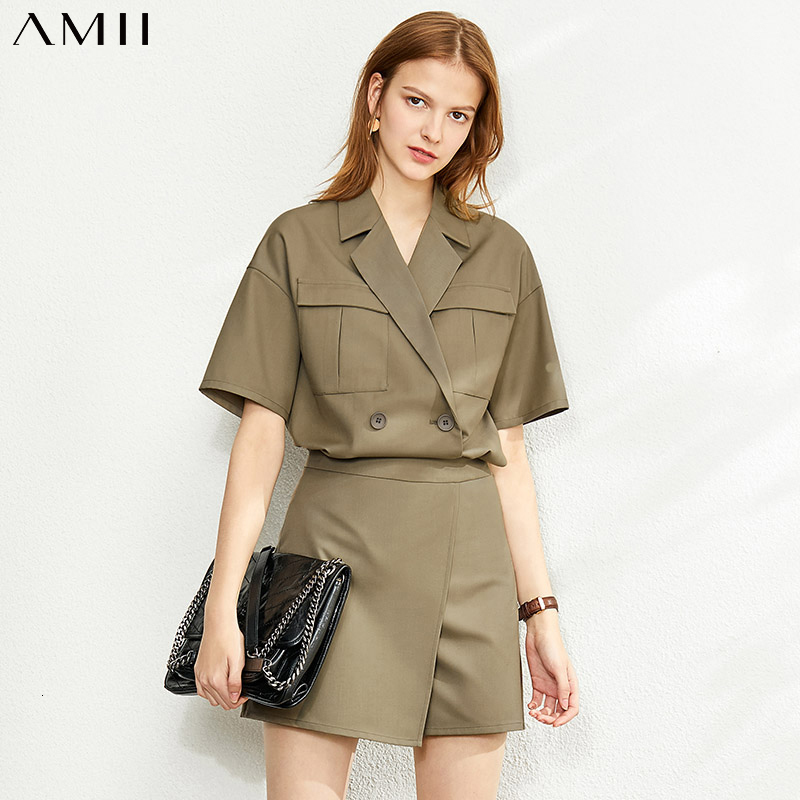 

Two Piece Dress Amii Minimalism Summer Women's Shirt Offical Lady Solid Vneck Tops Causal Aline Shorts 12030011 230627, Pink shorts