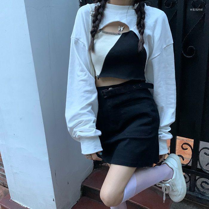 

Women' Hoodies Deeptown Korean Streetwear Y2k Crop Sweatshirt Women Harajuku Fashion Oversize 2 Pieces Sets Tshirts Hippie Casual Irregular, White