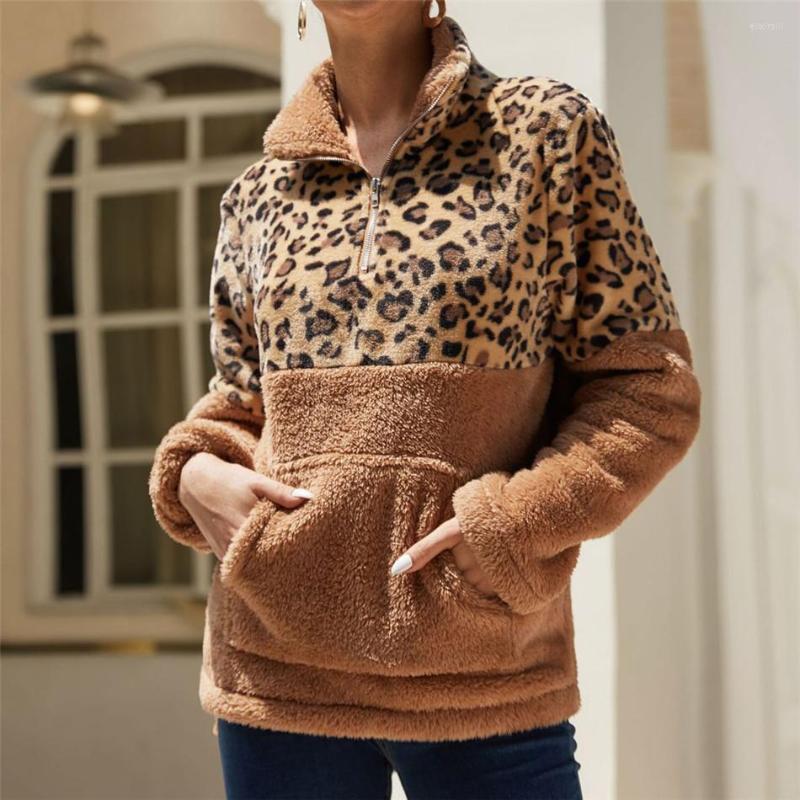

Women' Hoodies In Casual Winter Clothes Women Long-Sleeve Warm Pullover Top Leopard Print Stitching Plush Sweatshirts Female Clothing