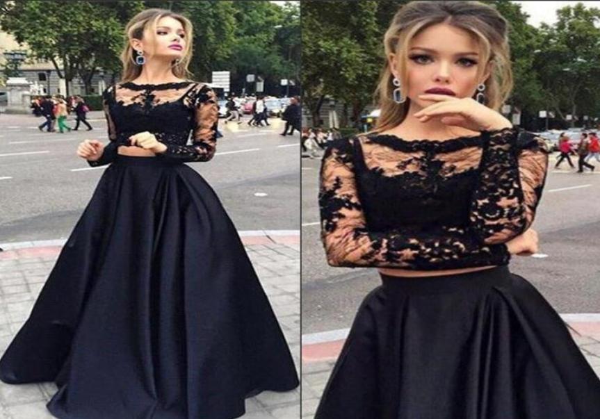 

Black Cheap Two Pieces Prom Dresses Long With Sleeves A Line Sexy Crew lace Evening Dresses8463599, Purple