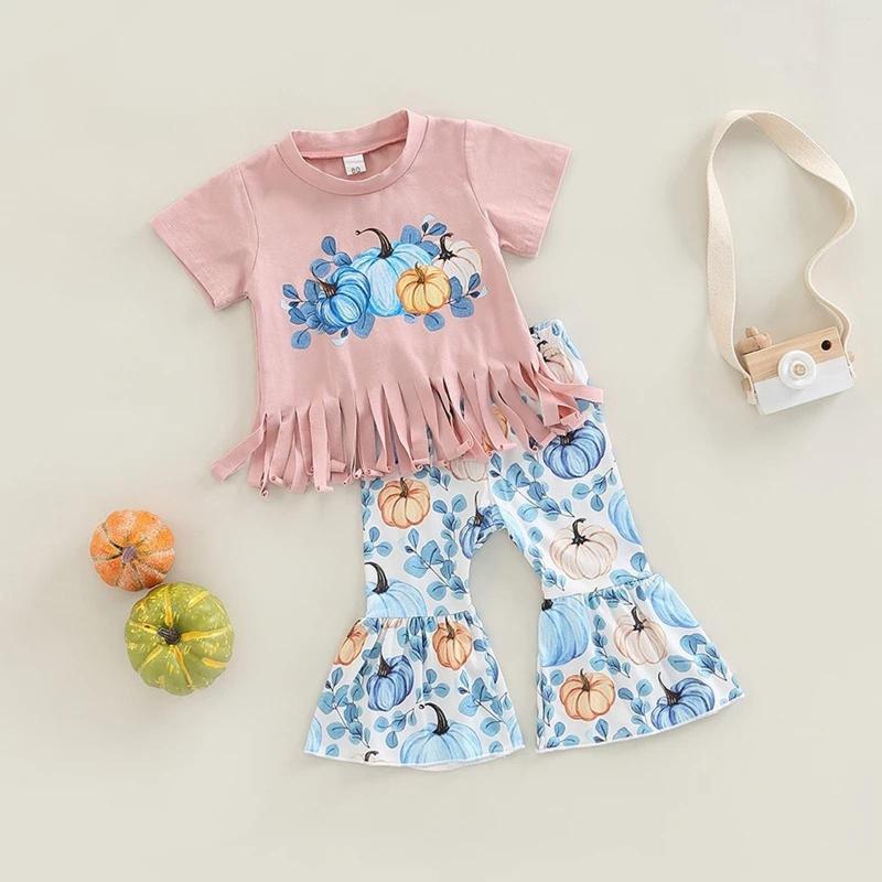 

Clothing Sets Girls' Suit Small And Medium Sized Tassel Top Cartoon Pumpkin Bell Bottoms, Red