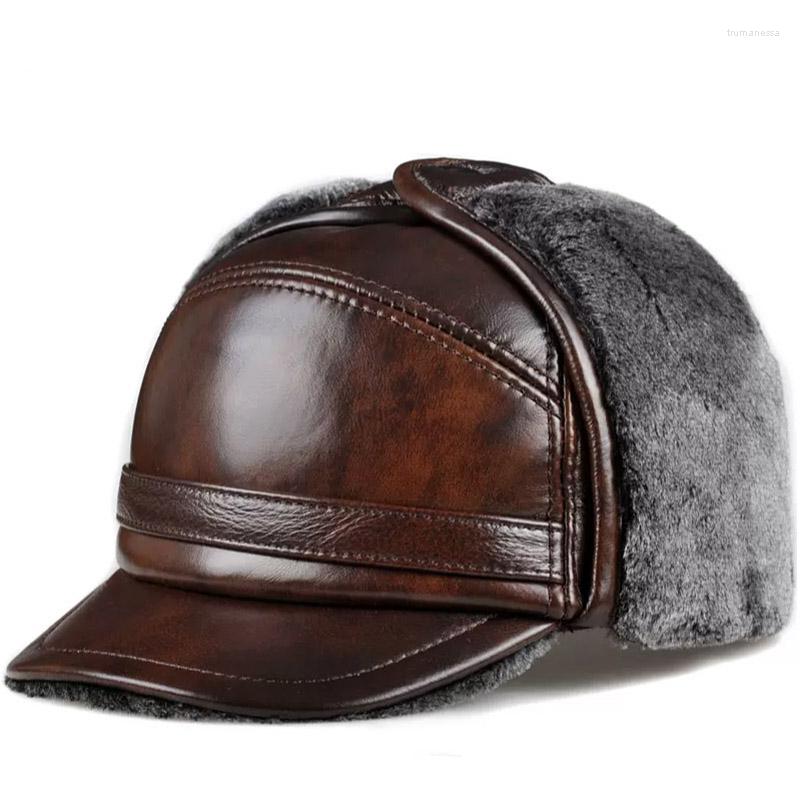 

Berets Winter Warm Ear Protection Bomber Hat Man Genuine Leather Faux Fur Inside Black/Brown Ultra Large Size 55-60cm Caps