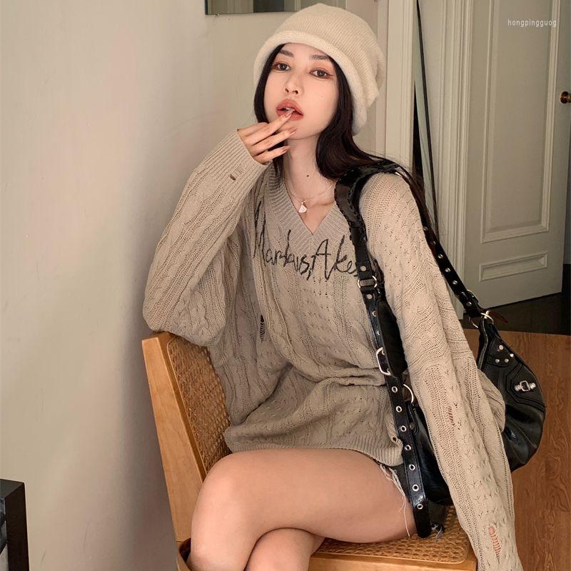 

Women's Sweaters 2023 Autumn Women's Lazy Letter Fried Dough Twist Slim V-neck Medium Length Knitted Sweater, Camel