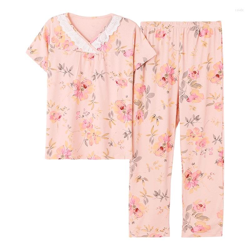 

Women's Sleepwear Big Yards V-Neck Lace And Flower Print Pajama Set Fashion Summer Casual Pajamas For Women Short Sleeve Nightwear -3XL, Mt1293