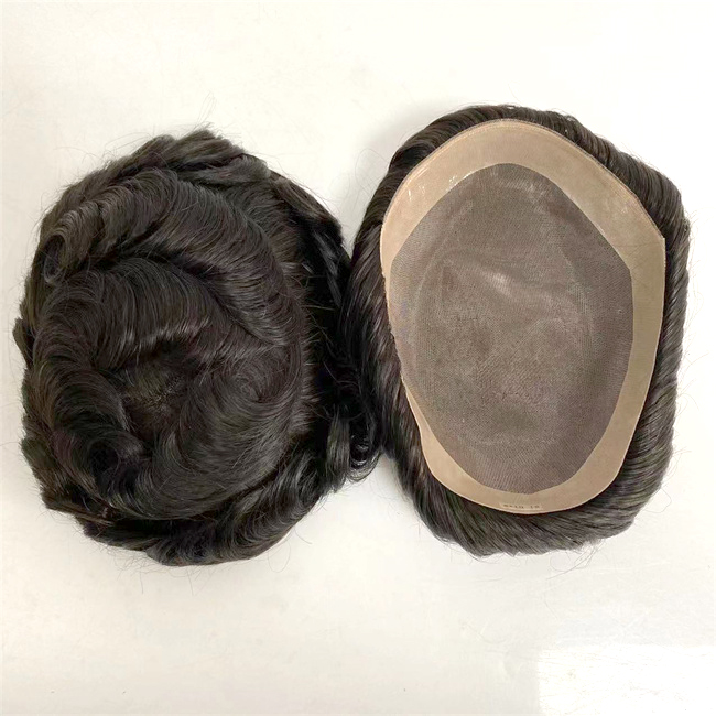 

Indian Virgin Human Hair Replacement #1b Black 32mm Wave 6x9 Mono Lace with NPU Toupee for White Men, As your choice