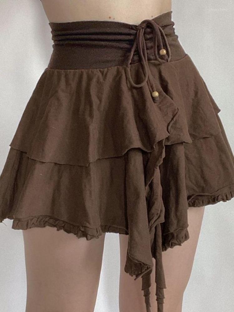 

Skirts HOUZHOU Streetwear Irregular Brown Mini Skirt Women Summer High Waist Chic Bandage Ruffles Fairycore Korean Fashion