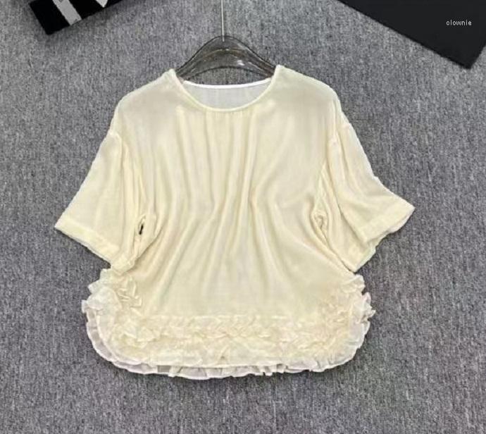 

Women' T Shirts QQ6246 Silk Tops 2023 Summer Fashion Designer Blouse Women O-Neck Cascading Ruffle Floral Deco Short Sleeve Beige Black