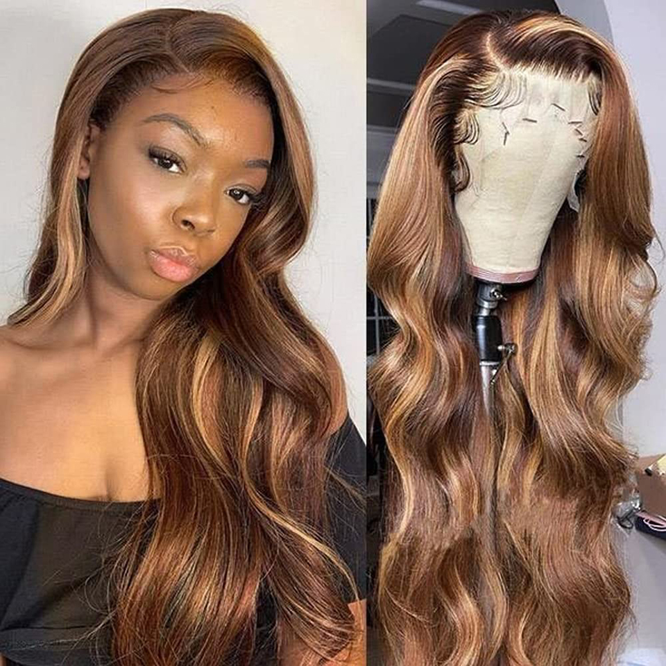 

28 Inch Highlight Human Hair Wigs Peruvian Highlight Wigs HD Transparent Lace Front Glueless Lace Frontal Wig for Women, Brown