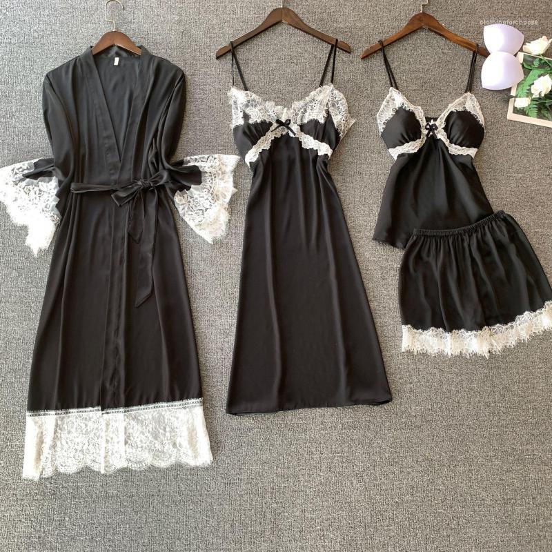 

Women's Sleepwear 4pcs Sleep Set Intimate Lingerie Casual Home Clothing Black Lace Satin Pajamas Suit Women Pyjamas Spring Homewear, Pink