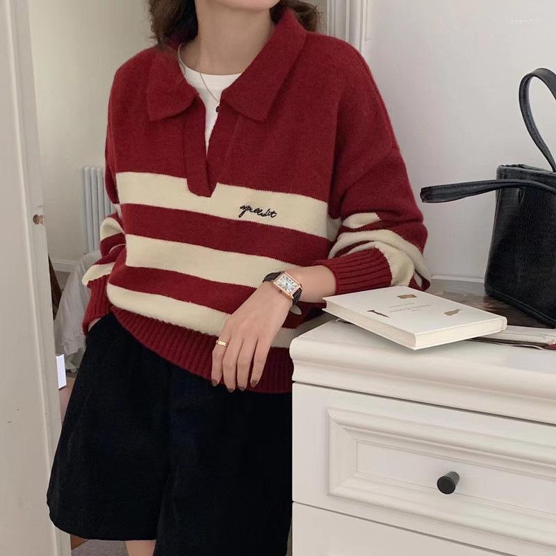 

Women's Sweaters 2023 Autumn And Winter Women's Literary Style Polo Collar Contrast Striped Loose Sweater Top, Black