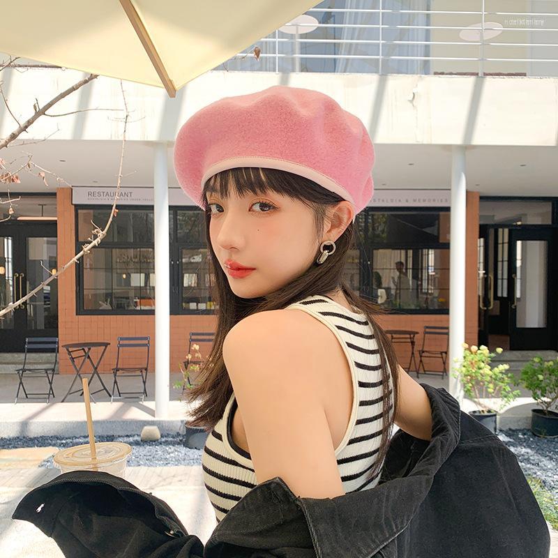 

Berets Hemming Wool Women Hat Pink Beret Painter Fashion British Retro Bud Girl's Beanie Hats Caps, Black